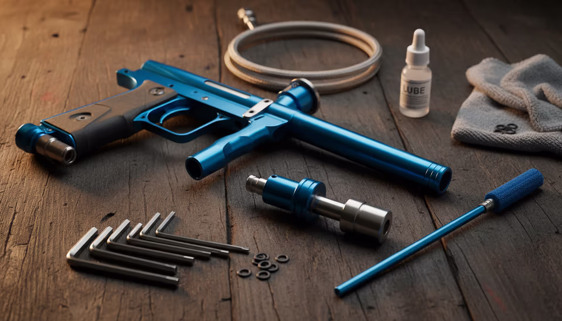 Disassembled paintball marker with cleaning tools on workbench