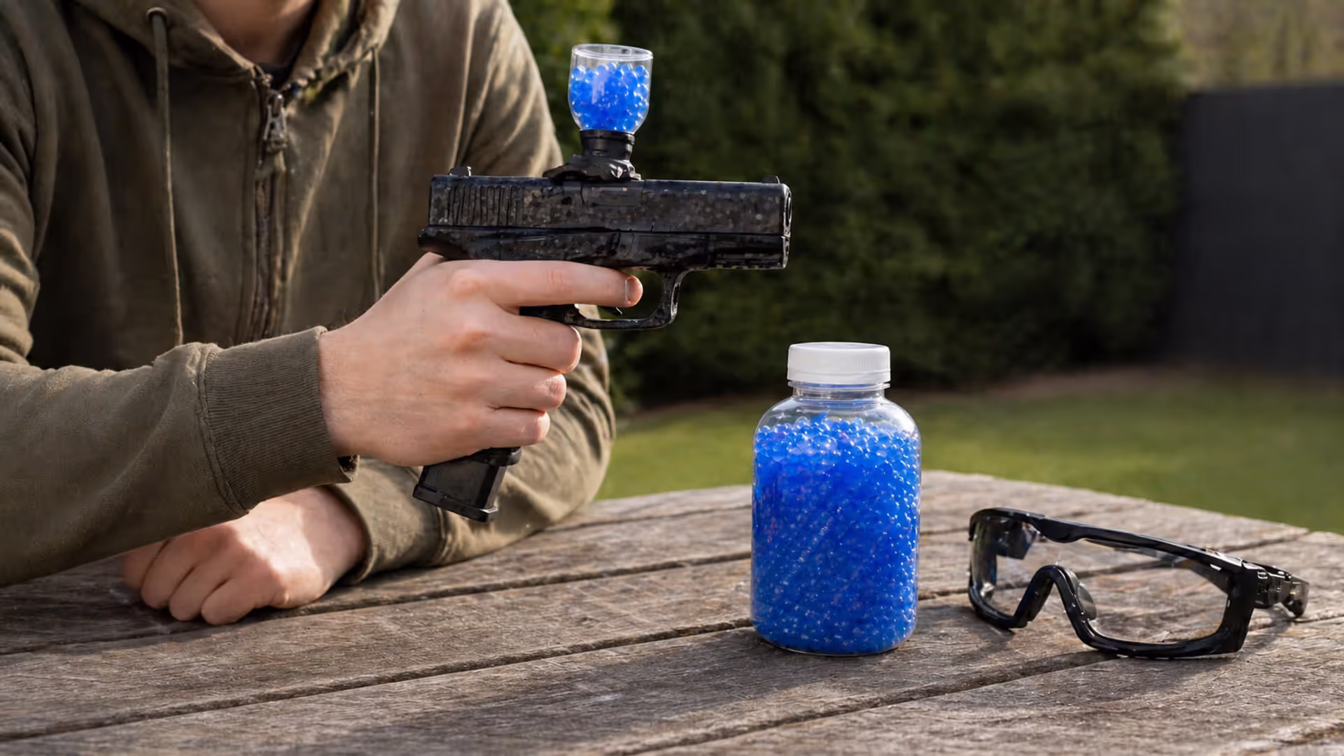 Person holding compact gel blaster pistol with ammo and safety goggles