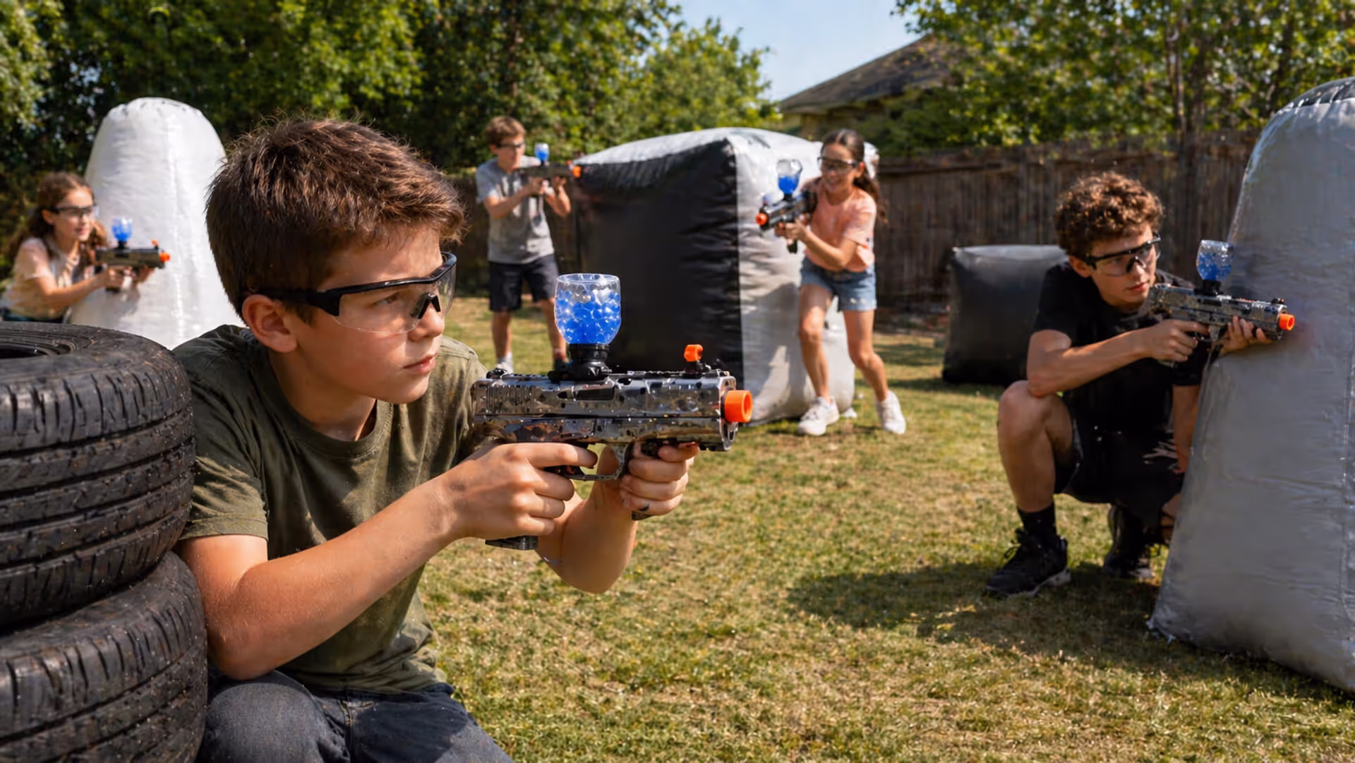Kids and teens playing splatter ball game outdoors with protective goggles